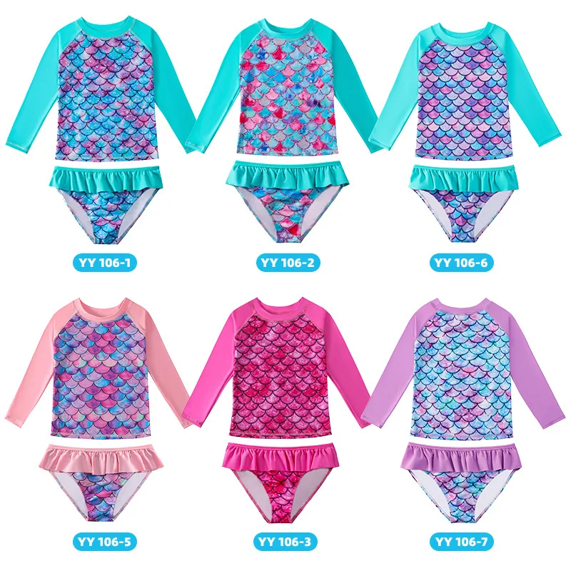 Children's Mermaid Split Bathing Suit Baby Girl Fish Scale 3D Printing Sunblock Swimsuit Kids Long Sleeves Top+Bikini 2Pcs Set 15