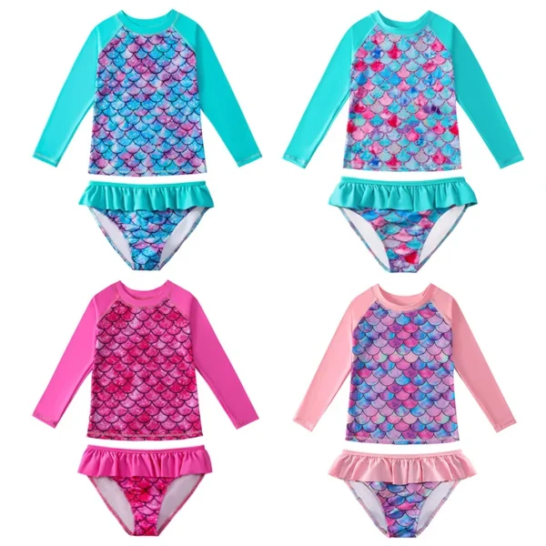 Children's Mermaid Split Bathing Suit Baby Girl Fish Scale 3D Printing Sunblock Swimsuit Kids Long Sleeves Top+Bikini 2Pcs Set 2