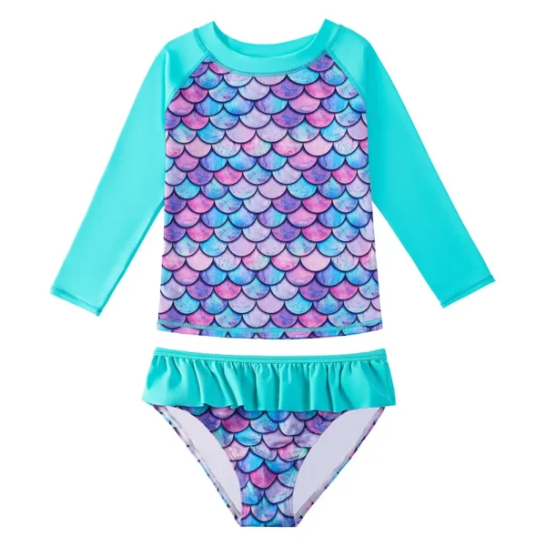 Children's Mermaid Split Bathing Suit Baby Girl Fish Scale 3D Printing Sunblock Swimsuit Kids Long Sleeves Top+Bikini 2Pcs Set 3