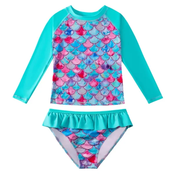 Children's Mermaid Split Bathing Suit Baby Girl Fish Scale 3D Printing Sunblock Swimsuit Kids Long Sleeves Top+Bikini 2Pcs Set 4
