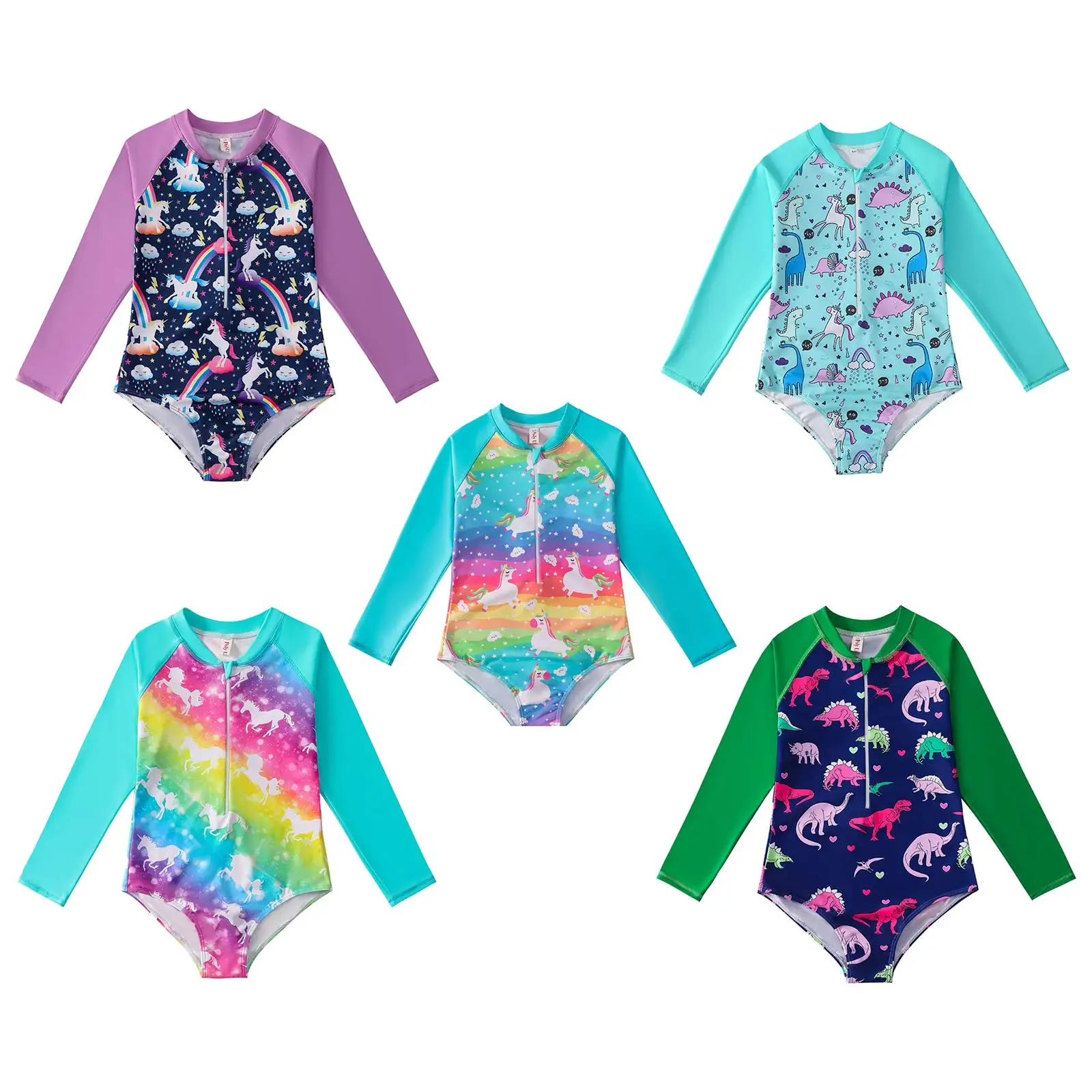 Kids Girls One Piece Swimwear Bodysuit Bathing Suit Swimsuit Beachwear Leotard Long Sleeve Front Zipper Swimming Beach Jumpsuit 13