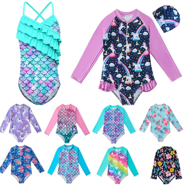 Cute Toddler Baby Girl Swimwear Long Sleeve Unicorn Infant Bathing Suits Bright Ruffle Mermaid Swimsuit Kids One Piece Beachwear 1