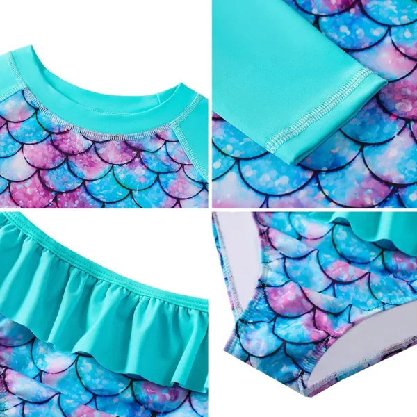 Children's Mermaid Split Bathing Suit Baby Girl Fish Scale 3D Printing Sunblock Swimsuit Kids Long Sleeves Top+Bikini 2Pcs Set 6
