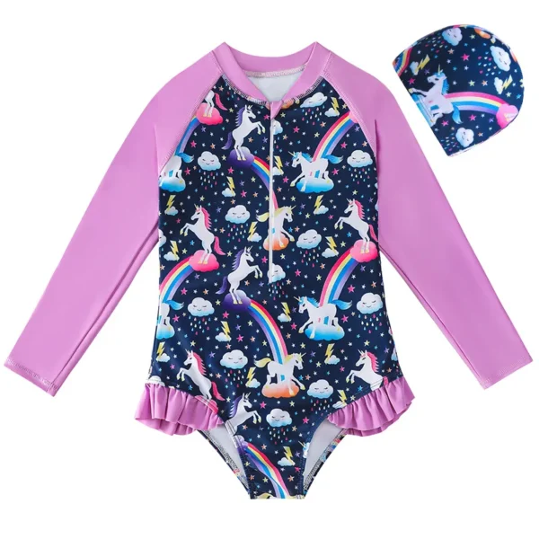 Cute Toddler Baby Girl Swimwear Long Sleeve Unicorn Infant Bathing Suits Bright Ruffle Mermaid Swimsuit Kids One Piece Beachwear 2